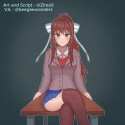 animated arms_behind_back beegeewanders_(va) blush brown_hair clothed crossed_legs doki_doki_literature_club female_only femdom finger_snap green_eyes hair_ribbon legs long_hair looking_at_viewer miniskirt monika ponytail pov pov_sub ribbon school_uniform shirt signature simple_background sitting skirt smile solo sound spiral table tagme thighhighs thighs video voice_acted zires