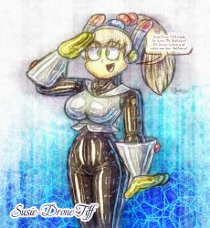 ameerashourdraws antenna blonde_hair bodysuit drone dronification empty_eyes fembot femdom femsub gloves green_eyes happy_trance helmet kirby_(series) kirby_right_back_at_ya! latex nintendo ponytail saluting smile text tiff yellow_skin