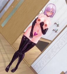  3d barefoot blush breasts choker clothed_exposure crotch_tattoo custom_maid_3d_2 dfish303 drool empty_eyes exposed_chest expressionless fate/grand_order fate_(series) female_only femsub glasses gloves hair_covering_one_eye large_breasts latex looking_at_viewer mashu_kyrielight navel nipples opera_gloves pubic_hair purple_eyes purple_hair rubber short_hair shy solo standing sweat tattoo thighhighs 