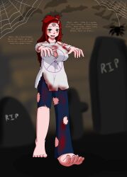 absurdres barefoot blackwidowx blood blush breasts drool feet female_only femsub foot_focus happy_trance hypnotic_accessory large_breasts long_hair original red_hair smile solo text torn_clothes xania_(blackwidowx) zombie_walk