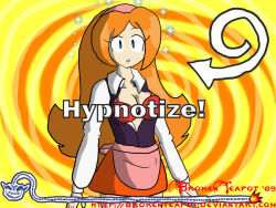 breasts brokenteapot empty_eyes expressionless female_only femsub large_breasts long_hair mona_(warioware) nintendo red_hair shrunken_irises spiral standing standing_at_attention text warioware