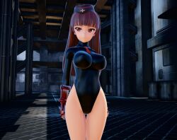  3d breasts brown_eyes brown_hair capcom expressionless female_only femsub fingerless_gloves girls_und_panzer gloves hat large_breasts leotard long_hair mmd ryona.rar shadaloo_dolls shiho_nishizumi solo standing standing_at_attention street_fighter 
