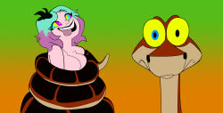 breasts coils colorrings disney emberlynn_pinkle femdom freckles happy_trance helluva_boss kaa kaa_eyes multicolored_hair restrained simple_background smile snake surprised the_jungle_book tongue_out