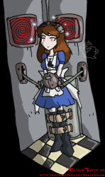 alice_liddell american_mcgee&#039;s_alice bondage breasts brokenteapot brown_hair expressionless female_only femsub hypnotic_screen large_breasts solo source_request spiral_eyes symbol_in_eyes tech_control