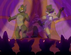  bottomless deeper_happier furry hypnotic_eyes kaa_eyes male_only maledom multiple_boys multiple_doms multiple_subs non-human_feet nude original pendulum pocket_watch raccoon_boy smile spiral stage_hypnosis top_hat topless vest wolf_boy 