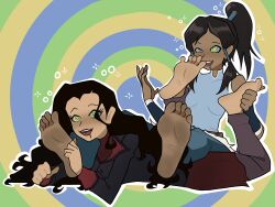  absurdres asami_sato avatar_the_last_airbender bare_shoulders barefoot black_hair breasts brown_hair clothed dark_skin dazed drool feet female_only femsub foot_focus happy_trance hypnotic_eyes hypnotized_hypnotist jeej kaa_eyes korra legend_of_korra lipstick long_hair lying open_mouth ponytail red_lipstick smile twintails 