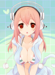 bikini_top breasts cleavage female_only femsub headphones large_breasts long_hair manip nitroplus open_clothes open_mouth pink_hair solo spiral_eyes super_sonico symbol_in_eyes tiechonortheal_(manipper)