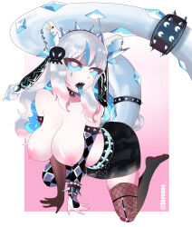  absurdres ahegao all_fours bangs blue_eyes blue_sclera breast_expansion breasts cleavage collarbone eye_roll eyebrows_visible_through_hair female_only femsub fishnets gloves goth grey_hair hair_ornament hypnotic_eyes kronobas28 long_hair monster_girl nipples open_mouth opera_gloves original piercing pink_background pink_eyes simple_background skirt tempest_chien_pao_gijinka thighhighs tongue tongue_out tongue_piercing topless white_skin 