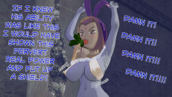 angry aware blush body_control bouncing_breasts breasts bunny_ears carrot dancing dc_comics dialogue dogdog english_text female_only femsub goth grey_skin nude purple_eyes purple_hair raven solo text veil