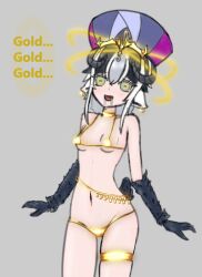 animal_ears bare_shoulders bikini black_hair drool earrings gold golden_swimsuit happy_trance hat horns monster_girl monster_girl_encyclopedia multicolored_hair smile velkahypno white_hair yellow_eyes