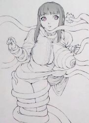  absurdres breast_fondling breast_grab breasts breasts_outside eyebrows_visible_through_hair femsub fern_(frieren:_beyond_journey's_end) frieren:_beyond_journey's_end glowing_eyes greyscale groping hypnotic_eyes large_breasts lineart m4ns0n no_panties pink_eyes pussy restrained skirt_lift tentacles 