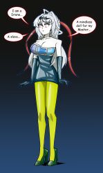  cleavage clothed collarbone dress drone dronification english_text expressionless eyeshadow female_only femsub gloves hair_ornament high_heels huge_breasts hy2300 lipstick long_hair pantyhose simple_background speech_bubble standing text white_hair yixuan_(zenless_zone_zero) zenless_zone_zero 