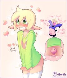  absurdres anal androgynous ass blonde_hair blush bottomless butt_plug covering cum demon demon_futa demon_girl dialogue drool elf_ears embarrassed erection eyebrows_visible_through_hair fae_(hoodie) futadom futanari green_eyes heart hoodie hoodie_(artist) horns malesub max_(hoodie) midriff monster_girl navel open_mouth orgasm orgasm_command original penis ponytail possession sex short_hair smile spiral_eyes succubus sweat symbol_in_eyes tail text thighhighs tongue trap x-ray 