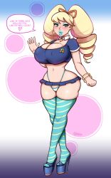  abarus bimbofication blonde_hair capcom female_only femsub large_breasts looking_at_viewer luna_platz makeup megaman_(series) megaman_star_force text thighhighs twintails 