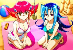  ai_art anna_kaboom beach bikini blue_hair empty_eyes expressionless femsub hellsing002_(generator) large_breasts long_hair pendulum pink_hair red_eyes rio_kastle sandals short_hair towel yellow_eyes yu-gi-oh! yu-gi-oh!_zexal 