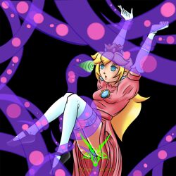 androgynous androgynous_dom arms_above_head blonde_hair crotch_rub crown empty_eyes femsub gloves hypnogoat666 hypnotic_eyes jewelry long_hair nintendo opera_gloves princess princess_peach spiral_eyes super_mario_bros. symbol_in_eyes tentacles thighhighs twintails