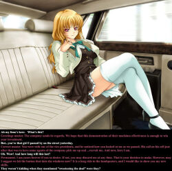 aware blonde_hair caption couple_of_dragons_(manipper) empty_eyes femsub high_heels long_hair looking_at_viewer maledom manip red_eyes skirt text thighhighs upskirt