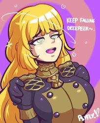  blonde_hair breasts clothed dazed female_only femsub fire_emblem fire_emblem_three_houses green_eyes happy_trance ingrid_brandl_galatea long_hair military_uniform nintendo open_mouth psyfly smile solo spiral_eyes symbol_in_eyes text 