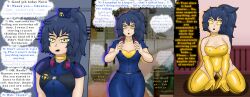  blue_hair femsub golden_swimsuit kneeling officer_io_nova_(onorgasmic) onorgasmic original police_uniform policewoman text unaware undressing uniform 