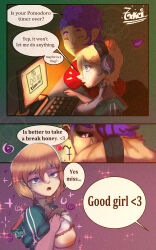  blue_eyes blush breasts comic female_only femsub hypnotic_kiss keito_(tokei-chan) ki_(tokei-chan) original purple_hair text tokei-chan 