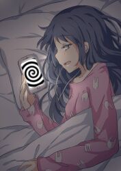  bed blush earbuds eminya female_only femsub headphones hypnotic_screen lying manip open_mouth pajamas phone pillow self_hypnosis sleepyhead97_(manipper) solo spiral 