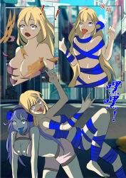 barefoot blonde_hair blue_eyes blue_hair blue_skin bondage brain_injection breasts cleavage comic costume female_only femdom femsub happy_trance heterochromia kimujo_world large_breasts long_hair open_mouth original possession tears text tongue tongue_out topless torn_clothes translation_request v