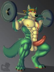 abs bare_legs bottomless dog_boy erection exercise flexing furry glowing glowing_eyes happy_trance headband looking_at_viewer male_only malesub muscle_boy non-human_feet nude open_mouth original paws penis rebel_nightwolfe ring_eyes solo squatting topless weightlifting