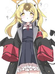  blonde_hair blue_archive clothed confused female_only femsub halo horns ibuki_(blue_archive) loli pendulum simple_background symbol tail tatikaze_miyato twintails white_background yellow_eyes 