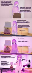  3d absurdres bare_shoulders blue_eyes braid dialogue empty_eyes english_text eye_roll female_only femsub glasses hypnotic_light kneeling koikatsu! liz_b masturbation nude original purple_hair shrunken_irises text tongue_out willow_(liz_b) 