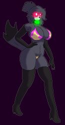 anouras bikini bird_girl cleavage collar demon expressionless female_only femsub gloves hand_on_hip helluva_boss high_heels octavia_(helluva_boss) pasties ponytail solo stripper thighhighs