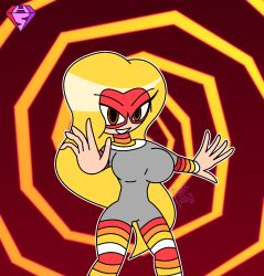  ambiguous_pov androgynous_sub blonde_hair breasts clothed eye_mask femdom hypnoscream hypnotia large_breasts long_hair looking_at_viewer marvel_comics pov smile spiral spiral_background super_hero 