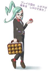 absurdres bow_tie corruption enemy_conversion eye_mask female_only femsub green_hair hypnotic_accessory lipstick lisia_(pokemon) nintendo nmmnmmzk pokeball pokemon pokemon_masters pokemon_omega_ruby_and_alpha_sapphire ponytail smirk solo suit team_break text white_background 