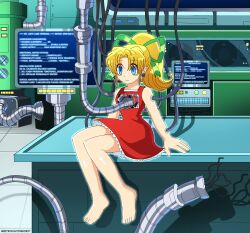  barefoot blonde_hair blue_eyes capcom complex_background computer dress earrings electricity empty_eyes english_text exposed_chest expressionless feet female_only femsub hair_ribbon heart injection long_hair megaman_(series) ponytail red_dress retro_fighting_robot robot robot_girl roll sitting text user_interface wires 