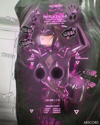  abscord absurdres anal arknights arknights:_endfield blush bodysuit breast_press breath brown_hair collar corruption dialogue drool female_endministrator_(arknights:_endfield) femsub latex long_hair open_mouth orgasm pussy_juice rubber speech_bubble sweat text tight_clothing trembling vaginal visor watermark 