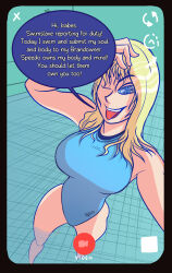  absurdres blonde_hair blue_eyes breasts clothed dialogue female_only femsub huge_breasts long_hair mr_scade one-piece_swimsuit one_eye_open open_mouth original pool selfie solo swimsuit symbol_in_eyes text tongue tongue_out unusual_pupils wet 