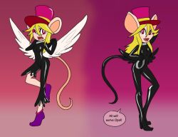  before_and_after blonde_hair female_only femsub goddess happy_trance latex mad_rat_dead mythkaz posing rat_girl rat_god tail text wings 