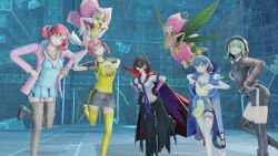  3d aiba ass bancholilimon belt black_hair breasts cape chicken_dance chicken_pose digimon digimon_story_cyber_sleuth dress eh erika_mishima femsub gloves green_hair jacket kaa_eyes lilamon lillymon long_hair long_skirt necklace nokia_shiramine open_mouth plant plant_girl ponytail red_hair rina_shinomiya ring_eyes shoes short_hair shorts skirt smile takumi_aiba thighhighs twintails wings 