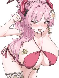  accidental_hypnosis bent_over blue_archive blush bracelet breasts coin collarbone earrings eyebrows_visible_through_hair femsub flower flower_in_hair halo horns jewelry large_breasts long_hair open_mouth pendulum pink_eyes pink_hair pov ring satsuki_(blue_archive) self_hypnosis simple_background smile spiral_eyes sweat swimsuit symbol_in_eyes tachikaze_miyako thigh_gap thighhighs thighs white_background 