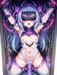  ai_art armpits blue_hair blush cables cameltoe corruption dildo drool erect_nipples gloves glowing high_heels kneeling koimin4_(generator) leotard long_hair navel nipples open_clothes open_mouth opera_gloves pussy_juice restrained stable_diffusion_(ai) sweat tech_control thighhighs tongue topless vaginal vibrator visor 