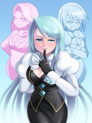 ace_attorney alternate_color_scheme alternate_form alternate_hairstyle aware blue_eyes blue_hair breast_expansion breasts capcom cleavage crossed_arms female_only femdom femsub finger_to_mouth franziska_von_karma ghost gloves k0n0n large_breasts looking_at_viewer looking_back mia_fey mole open_mouth possession short_hair smile very_long_hair