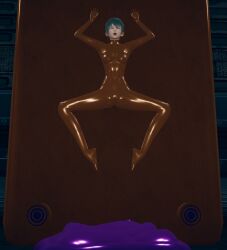  3d abs alternate_costume arms_above_head blue_hair bodysuit corruption crossed_eyes empty_eyes eye_roll female_only femsub hair_ornament latex monster murochi-san open_mouth orange_eyes original ponytail restrained rubber slime solo spread_legs tears tongue trapped 