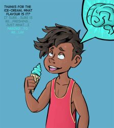 black_hair blue_eyes brain dark_skin dialogue freckles gradient_text hypnotic_food ice_cream male_only malesub mr.h open_mouth original shrunken_irises simple_background solo text tongue tongue_out western