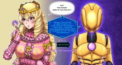  before_and_after blonde_hair breasts dialogue drill_hair female_only femsub gloves glowing gradient_background gradient_text large_breasts long_hair original porniky purple_eyes robot robotization signature speech_bubble text weblink 