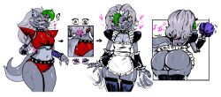  apron ass before_and_after bent_over bottomless bubble claws earrings feather_duster female_only femsub five_nights_at_freddy&#039;s five_nights_at_freddy&#039;s:_security_breach furry glowing_eyes grey_hair grey_skin happy_trance heart heavy_eyelids long_hair maid maid_headdress music nail_polish no_panties pink_eyes pussy redfred robot_girl roxanne_wolf sharp_teeth short_shorts shorts simple_background solo standing standing_at_attention tech_control thighhighs thong white_background wolf_girl 