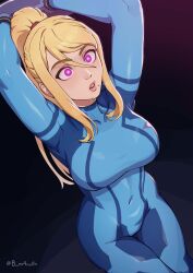  arms_above_head blonde_hair bodysuit clothed drool expressionless female_only femsub glowing_eyes long_hair m4ns0n metroid_(series) mole nintendo open_mouth pink_eyes restrained ring_eyes samus_aran signature simple_background 