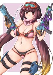  absurdres before_and_after black_hair blush bottomless breasts fate/grand_order fate_(series) female_only femsub gun happy_trance large_breasts multicolored_hair osakabe-hime razrafz scarf simple_background smile solo thighs twintails very_long_hair weapon 