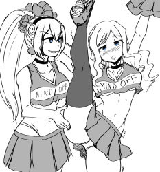  arms_above_head blue_eyes blush cheerleader choker collarbone crop_top drool earrings empty_eyes english_text environmental_text expressionless eyebrows_visible_through_hair female_only femsub hair_band hair_ornament legs_beside_head long_hair majinsfw midriff miniskirt navel no_bra original panties ponytail shoes simple_background skirt smile smug standing_split text thighhighs thighs trembling underboob underwear upskirt veronica_nightingale_(majinsfw) white_background 