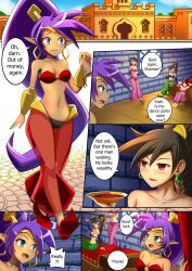  bare_shoulders barefoot black_hair blue_eyes blush bracers braid brown_hair choker cleavage clothed comic crop_top curvy dark_skin dialogue earrings elf_ears female_only genie grey_eyes harem_outfit jewelry long_hair midriff multiple_girls navel open_mouth ponytail purple_hair red_eyes see-through shantae shantae_(series) shoes sitting smile standing table text tongue trw18 very_long_hair 