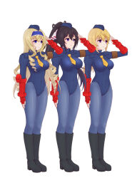  blonde_hair bodysuit boots brown_hair cecilia_alcott charlotte_dunois empty_eyes expressionless femsub hat houki_shinonono infinite_stratos latex leotard saluting shadaloo_dolls standing standing_at_attention street_fighter tie 