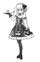  absurdres bare_shoulders blush cleavage dazed dress empty_eyes etlabsotwe expressionless fairy_fencer_f female_only femsub gloves greyscale long_hair marianna_(fairy_fencer_f) ribbon thighhighs tray waitress 